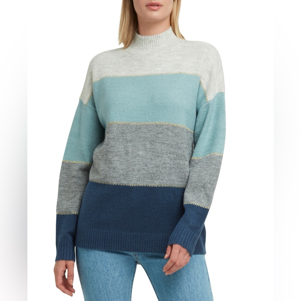H by Halston Women's Blue and Gray Striped Sweater